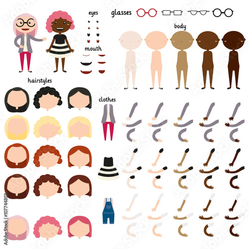 Girl. Parts of body template for design work. Face and body elements. Different human skin colors. Different hairstyles and hair colors. Different clothing options. Vector illustration.