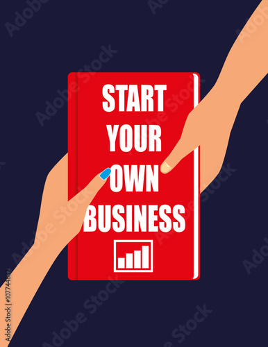 Male and Female hands holding or passing a hardback book with the title Start Your Own Business on the front cover