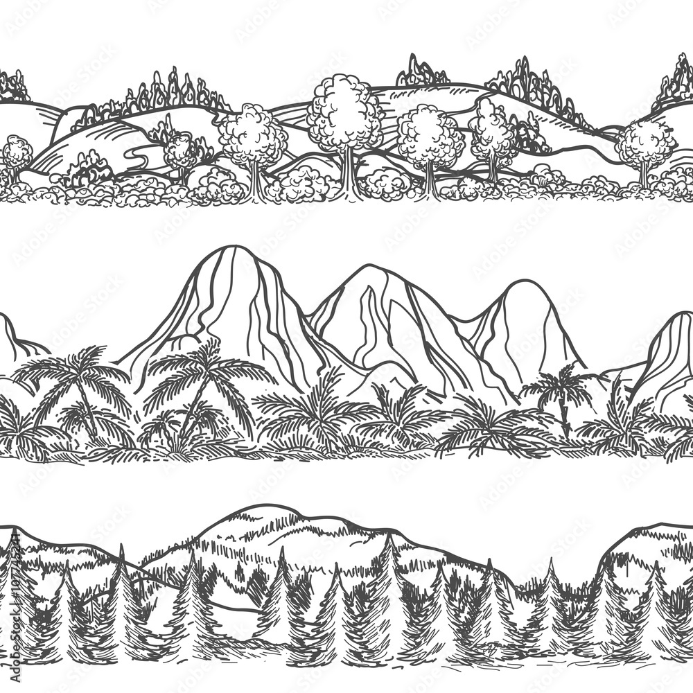 Plakat Mountains and forest hand drawn patterns. Forest and Mountains endless landscapes. Nature doodle horizontal seamless vector landscapes