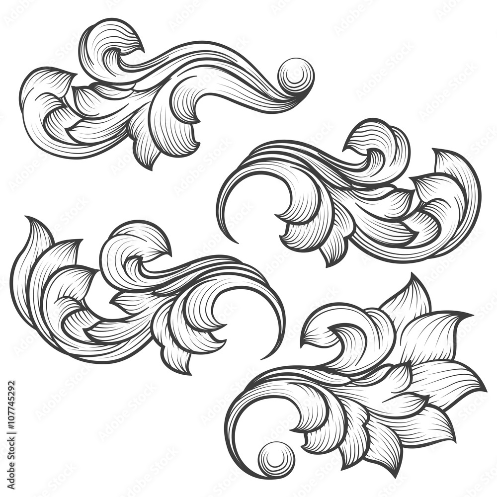 Baroque engraving leaf scroll. Retro foliage ornament element vector