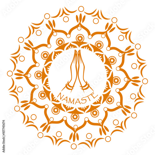 Praying hands with decorative indian ornament mandala. Namaste mudra.
