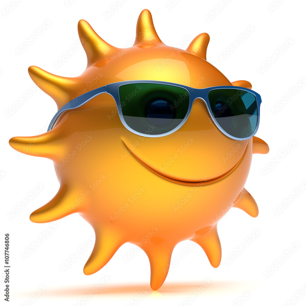 Smile sunglasses sun yellow orange cheerful star face summer smiley cartoon ball emoticon happy sunny heat person icon. Smiling laughing character chilling sunbathing tropics fiery avatar. 3D render