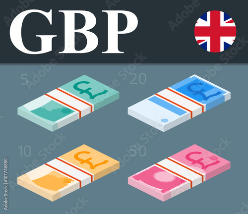 Colorful pound sterling banknotes. Isometric design vector illustration.