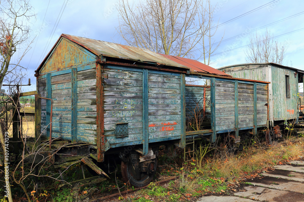 The ruined historical Train in the autumn Nature