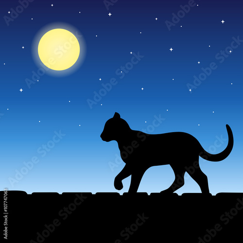 Cat animal on roof silhouette blue night moon illustration vector