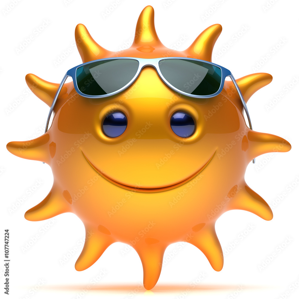 Smile sun cheerful star face sunglasses summer smiley cartoon ball emoticon happy sunny heat yellow orange person icon. Smiling laughing character chilling sunbathing tropics fiery avatar. 3D render