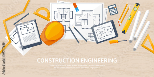 Vector illustration. Engineering and architecture. Drawing, construction.  Architectural project. Design, sketching. Workspace with tools. Planning, building. Wooden background.