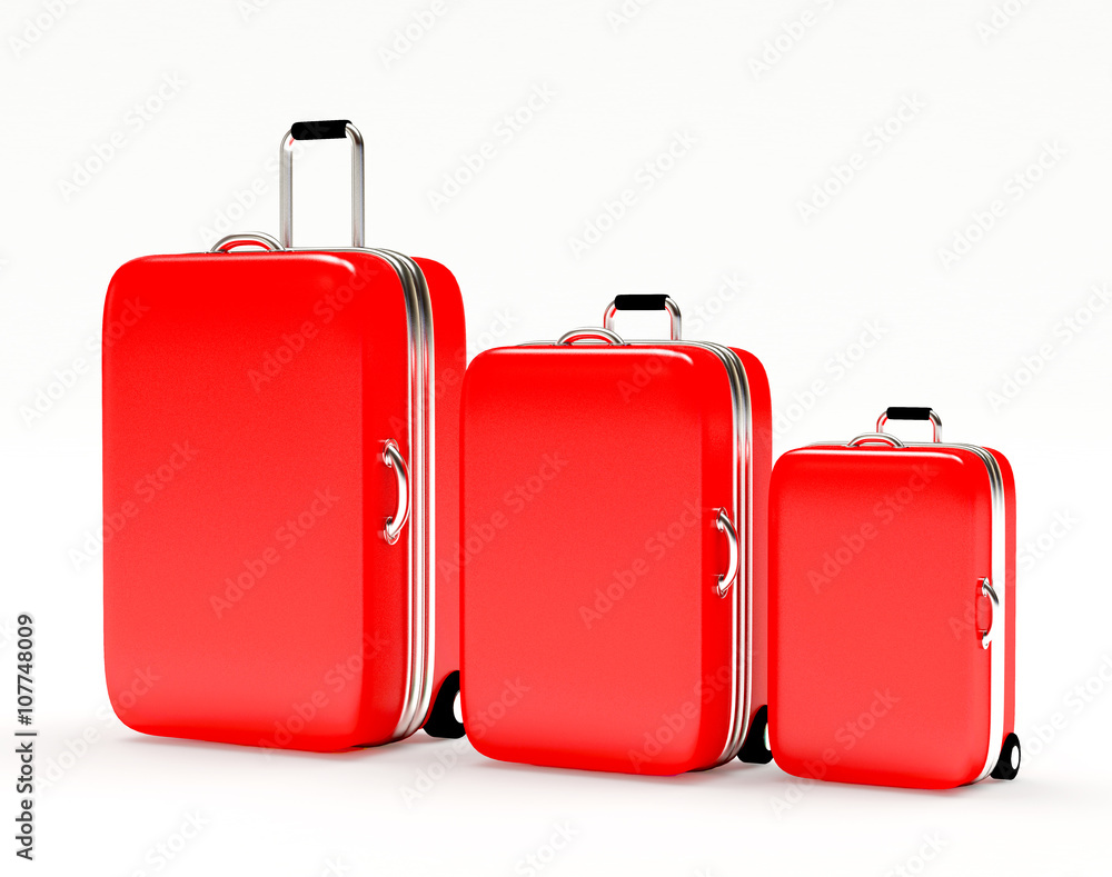 Set of red suitcases large, medium and small isolated on white