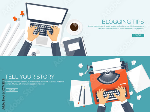 Vector illustration.  Flat typewriter.Laptop with hands. Tell your story. Author. Blogging.