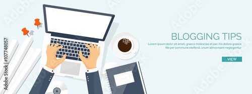 Vector illustration.  Flat laptop with hands. Tell your story. Author. Blogging. Message.