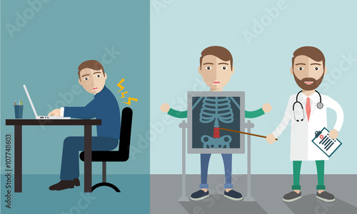 Office syndrome. health care concept. infographic element. vector flat icons woman cartoon design. brochure poster banner illustration. isolated on white background