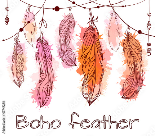 Card with hanging hand drawn feathers  with boho pattern and watercolor splashes. Tribal doodle background. Vector element for your creativity.