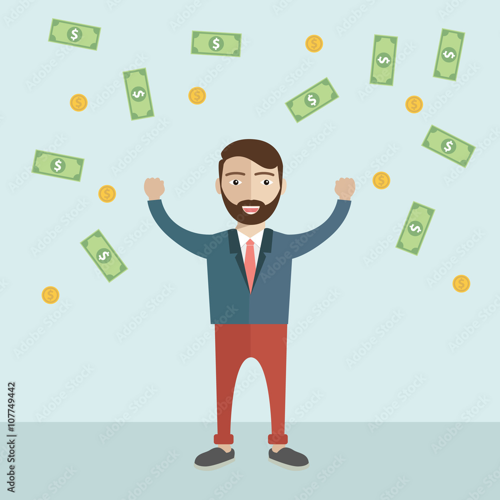 Business man under a money rain. Happy man with flying money. Business man under a money rain. Happy man with flying money.