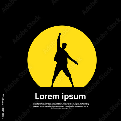 Traveler Icon Posing Hand Up Logo Hiker Trekker Empty Copy Space Black Yellow Background