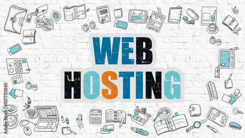 Web Hosting - Multicolor Concept with Doodle Icons Around on White Brick Wall Background. Modern Illustration with Elements of Doodle Design Style. photo