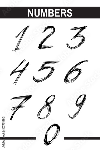 Sketchy Numbers in various Colors. Ink drawn typography. Brush lettering sign. Calligraphic Alphabet Letterform. Digital vector illustration. Isolated on white background.