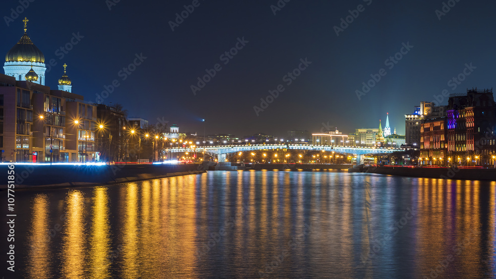 Patriarchal bridge in Moscow night view.