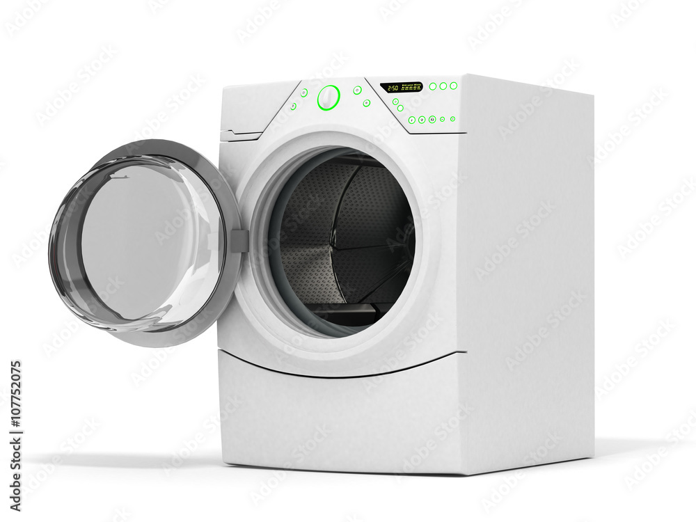 Isolated washing machine with opened door on a white background