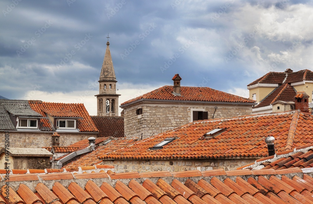 Red roofs in Budva Old town,  cloudy day Montenegro. 
