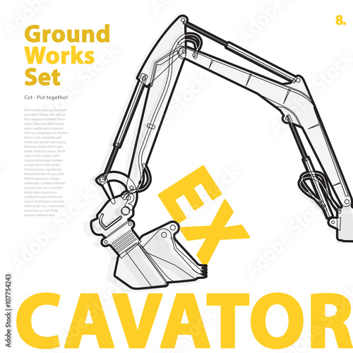 Construction machinery, excavator. Typography set of ground works machines vehicles on white. Construction equipment for building. Master vector illustration. Truck, Digger, Crane, Forklift, Roller