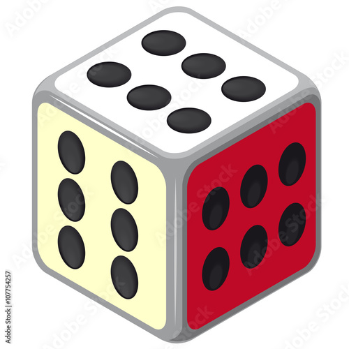 Playing isometric dice. Happy dice cube with all six. Color full cube on white background. Six sides game die. Only six dots. Happy situation. Casino icon. Flatten isolated master vector illustration.