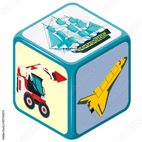 Playing isometric dice with means of transport. How to travel? Accidental choice. Transportation game. Cube on white. Die with space shuttle, excavator and boat. Flatten isolated vector illustration