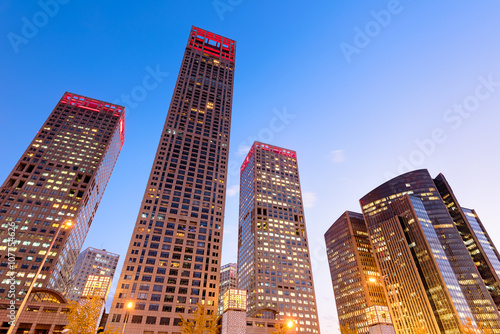  Night view of high rise office buildings at the Central Business District in Beijing, China.