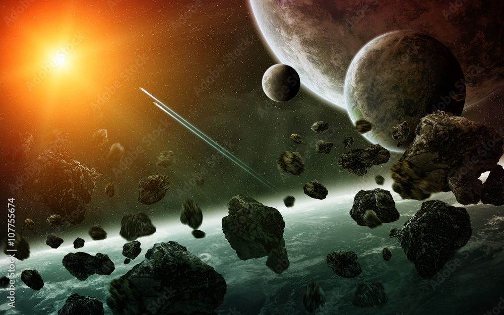 Fototapeta premium Sunrise over group of planets in space