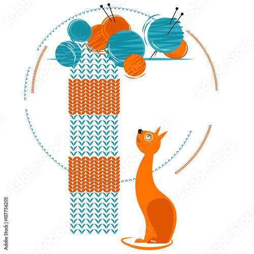 Cat with a knitting and balls of yarn.
