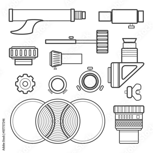 vector outline telescope accessories collection.