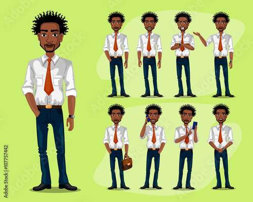 black man in a business style. set of poses and emotions