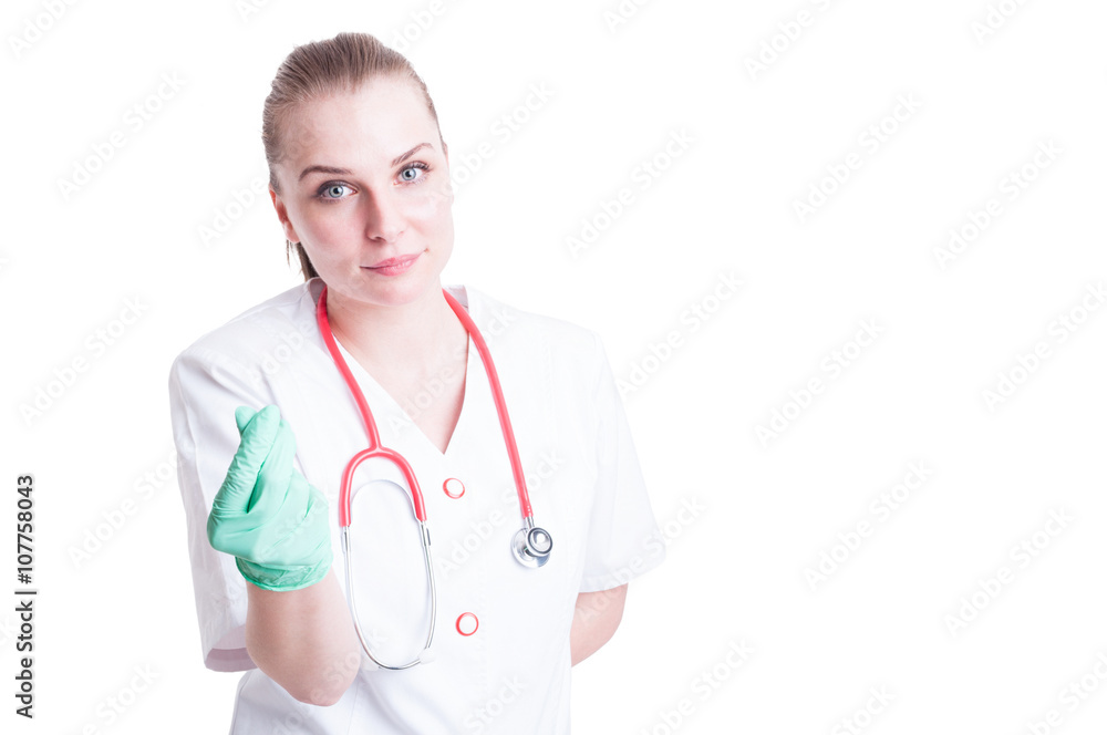 Bribery and corruption concept with woman doctor waiting for mon Bribery and corruption concept with woman doctor waiting for mon