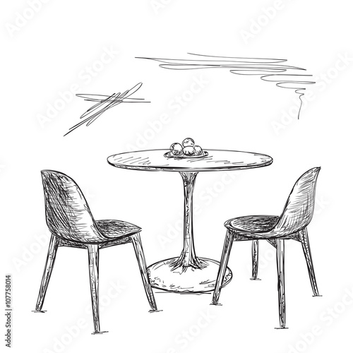 Cafe or kitchen interior. Table and chair sketch