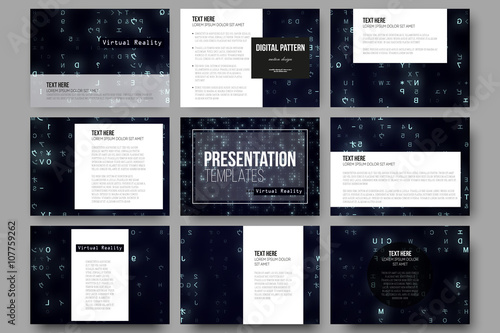 Set of 9 templates for presentation slides. Virtual reality, abstract technology background with blue symbols, vector illustration.