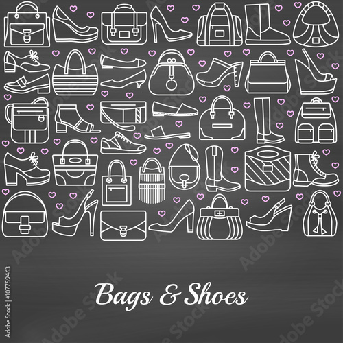 Background made of line icons. Bags and shoes. Chalkboard background. Vector illustration