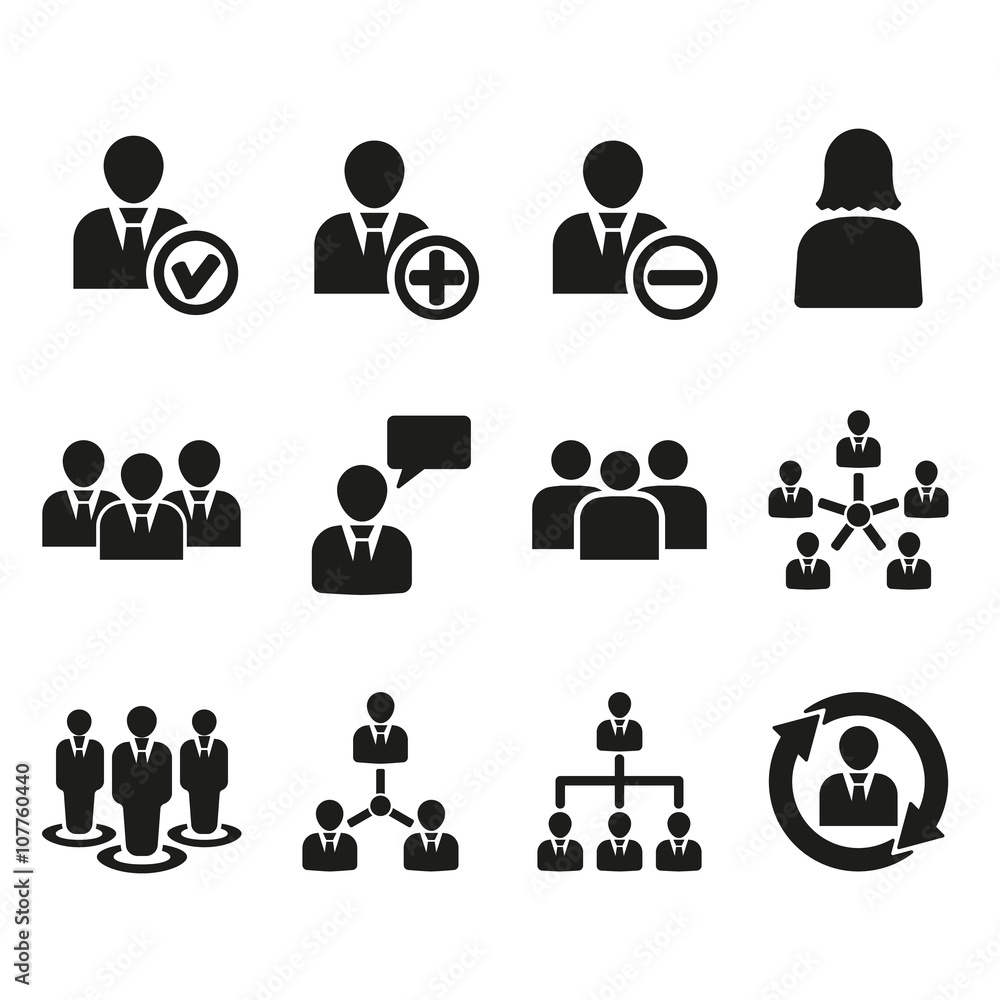 The management icon, set of 12 icons. Team and group, teamwork, people, alliance symbol. UI. Web. Logo. Sign. Flat design. App. The management icon, set of 12 icons. Team and group, teamwork, people, alliance symbol. UI. Web. Logo. Sign. Flat design. App.