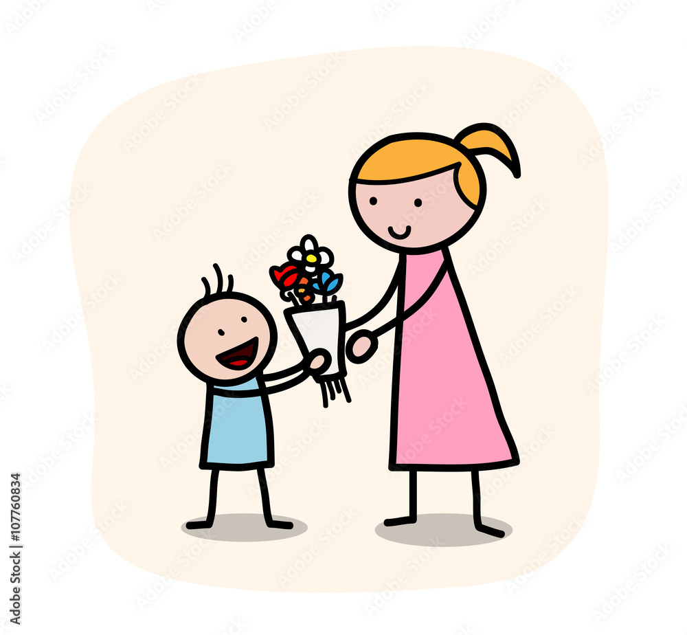 Mother's Day, a hand drawn vector illustration of a little child giving his mother a flower bouquet on Mother's Day, isolated on a simple background (editable). Mother's Day, a hand drawn vector illustration of a little child giving his mother a flower bouquet on Mother's Day, isolated on a simple background (editable).