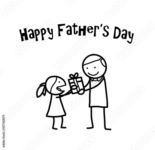 Happy Father's Day, a hand drawn vector doodle illustration of a little girl giving her father a present on Father's Day.