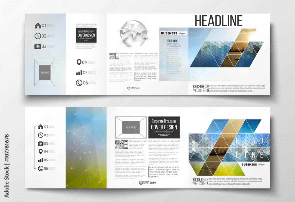 Vector set of tri-fold brochures, square design templates. Abstract colorful polygonal background with blurred image on it, modern stylish triangular and hexagonal vector texture. 