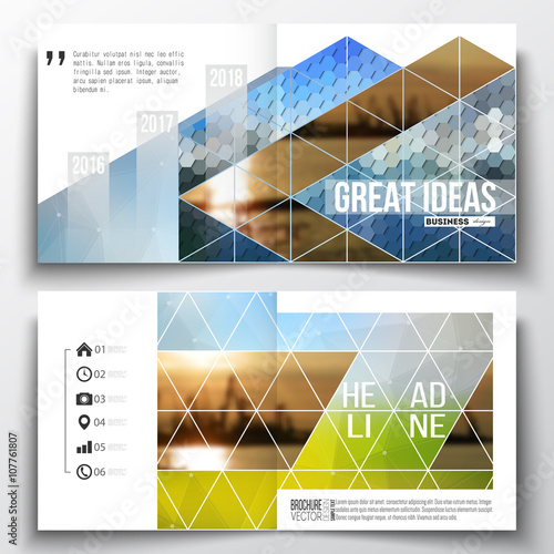 Set of annual report business templates for brochure, magazine, flyer or booklet. Abstract colorful polygonal background with blurred image on it, modern stylish triangular and hexagonal vector