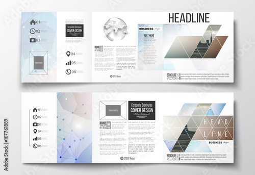 Set of tri-fold brochures, square design templates. Abstract colorful polygonal backdrop, blurred image, modern stylish triangular vector texture