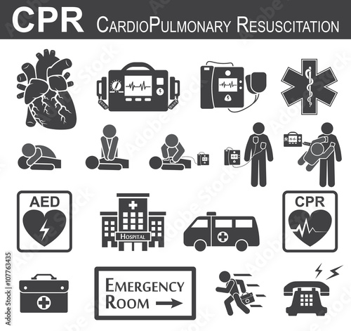 CPR ( Cardiopulmonary resuscitation ) icon ( black & white , flat design ) , Basic life support ( BLS )and Advanced cardiac life support ( ACLS )( mouth to mouth , chest compression , defibrillation )