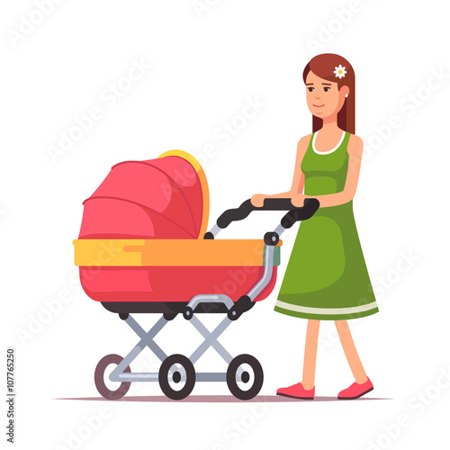Woman walking with her child in a pink pram
