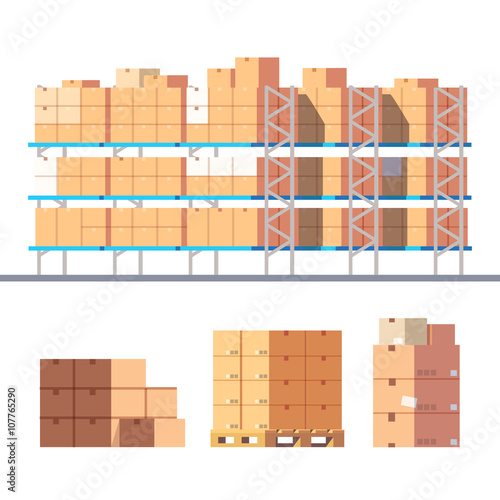 Stocked warehouse shelves and cardboard boxes