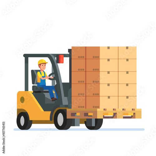 Forklift truck carrying a stacked boxes pallet