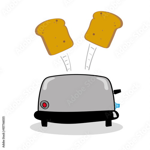Standard kitchen toaster with two slices of toasted bread popping into the air