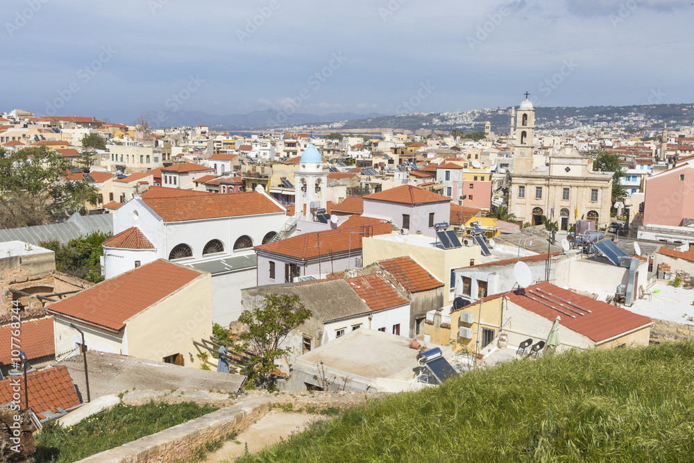 View of the white houses of Chania city from above, Crete, Greec