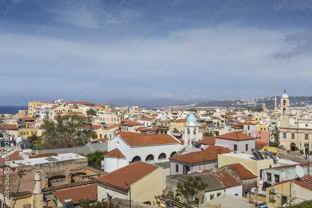 View of the white houses of Chania city from above, Crete, Greec