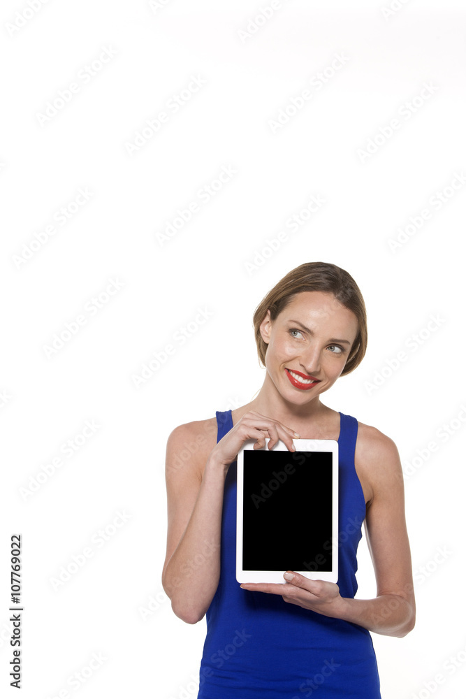 Young Caucasian woman showing a tablet with blank screen Young Caucasian woman showing a tablet with blank screen