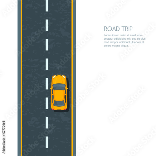Vector illustration of highway and moving yellow car. Isolated road and automobile, top view. Road background with copy space. Street traffic and transport design concept.